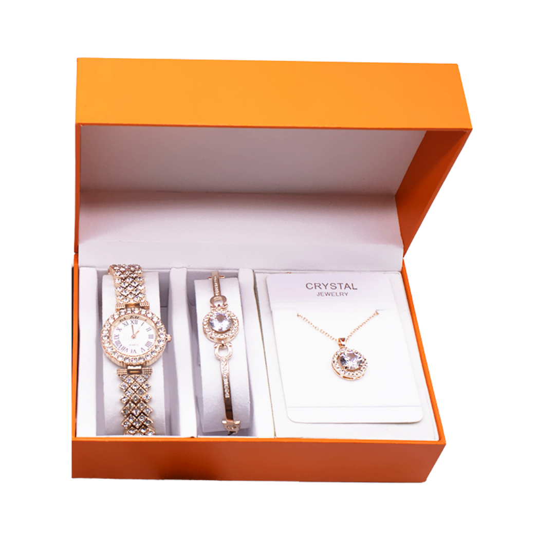 Rhinestone Watch Set With Bracelet And Necklace 3 pcs