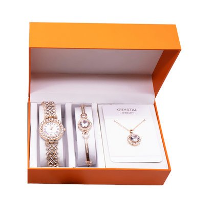 Rhinestone Watch Set With Bracelet And Necklace 3 pcs