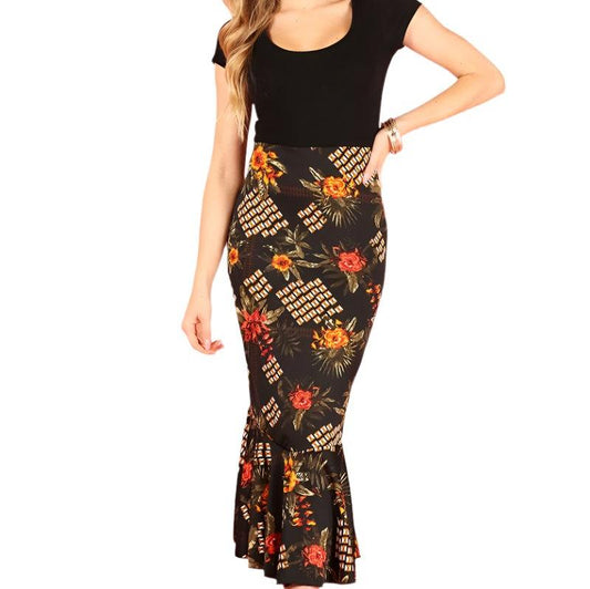 High Waist Print Midi Skirt with Mermaid bottom