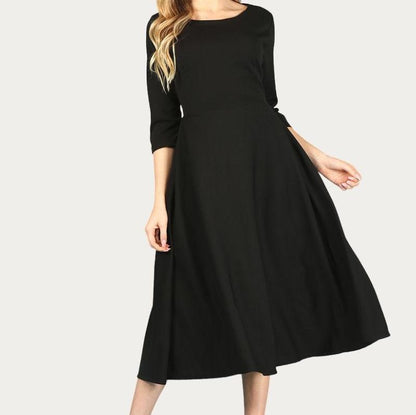 Midi A-Line Dress with 3/4 Sleeves and Pockets