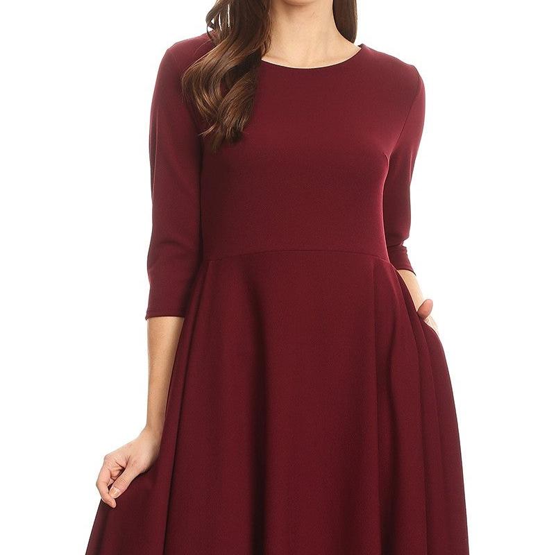 Midi A-Line Dress with 3/4 Sleeves and Pockets