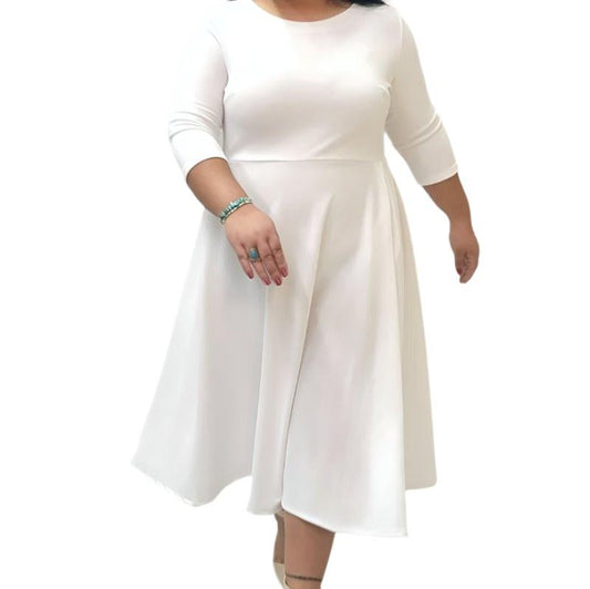 Plus Size Midi, A-Line Dress with 3/4 Sleeves and Pockets