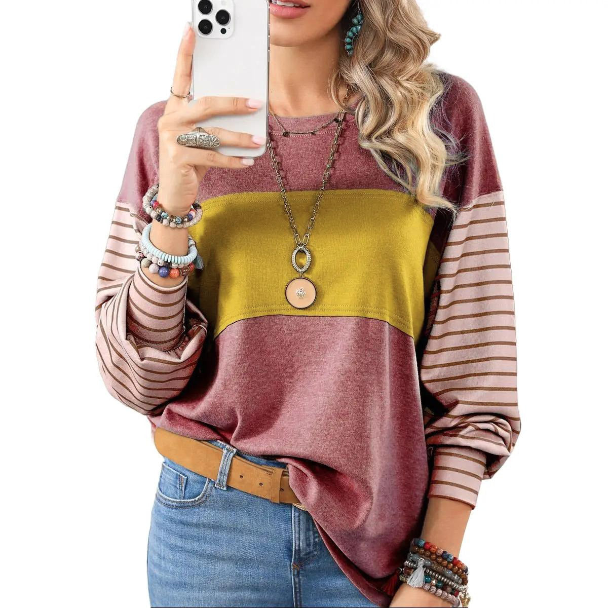 Womens Long Sleeve Pullover Tops Striped Basic T-shirt