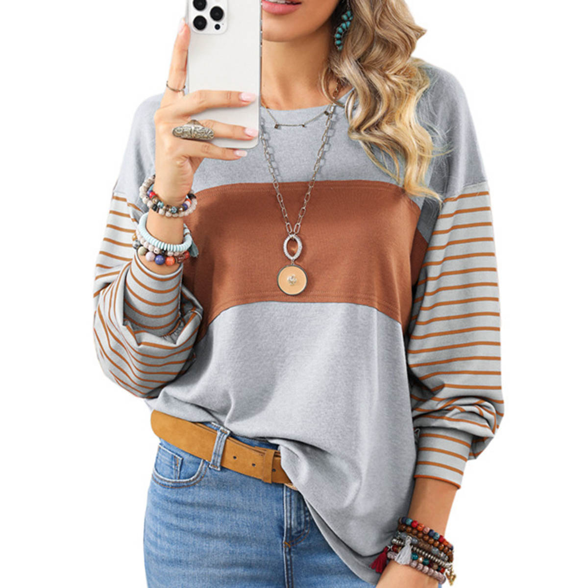 Womens Long Sleeve Pullover Tops Striped Basic T-shirt